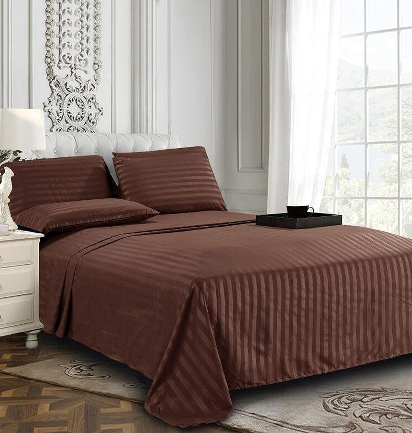 Damask Stripe Brown Twin Sheet Set