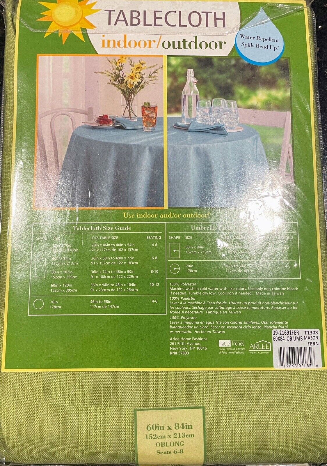Arlee Home Fashions Indoor/Outdoor Umbrella Tablecloth 60in x 84in - Fern