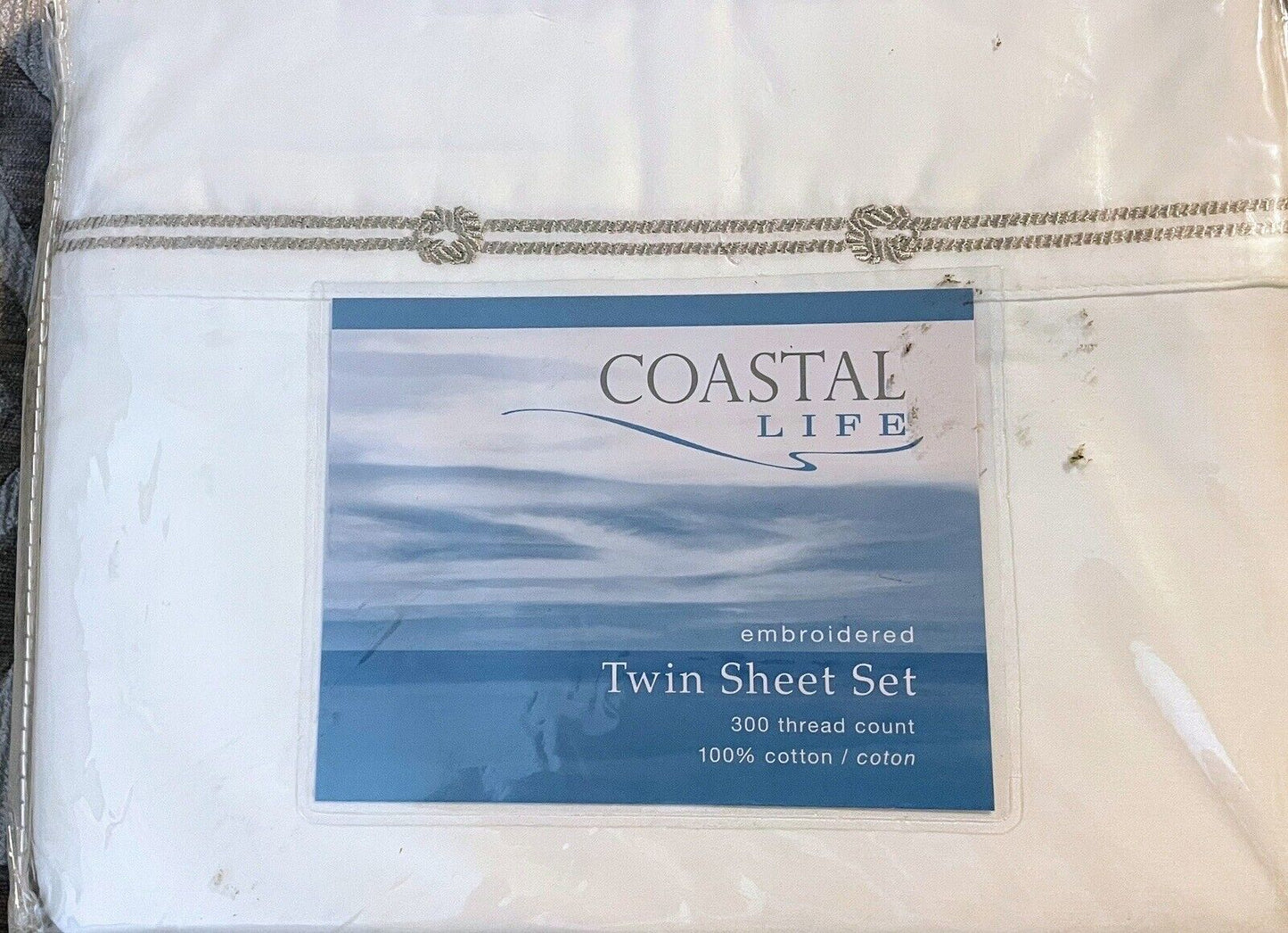 Coastal Life Embroidered Knots Twin Sheet Set - Taupe/White