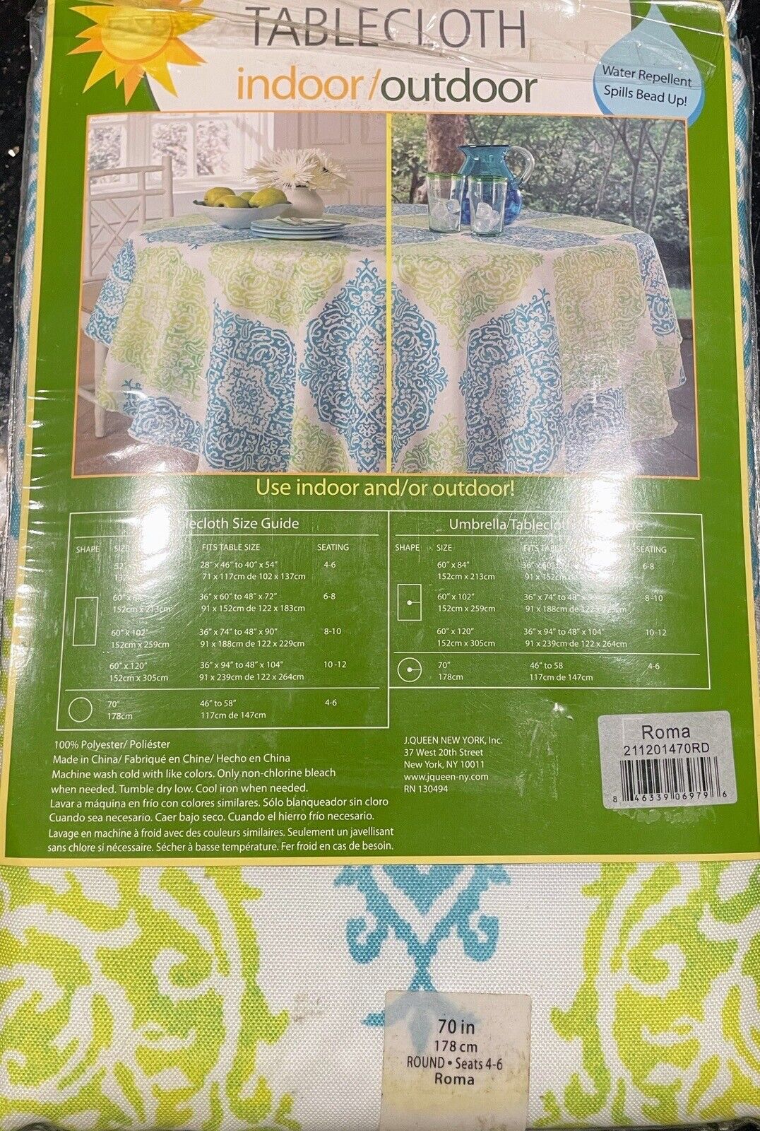 J. Queen New York Indoor/Outdoor Tablecloth 70in Round - Aqua/Green