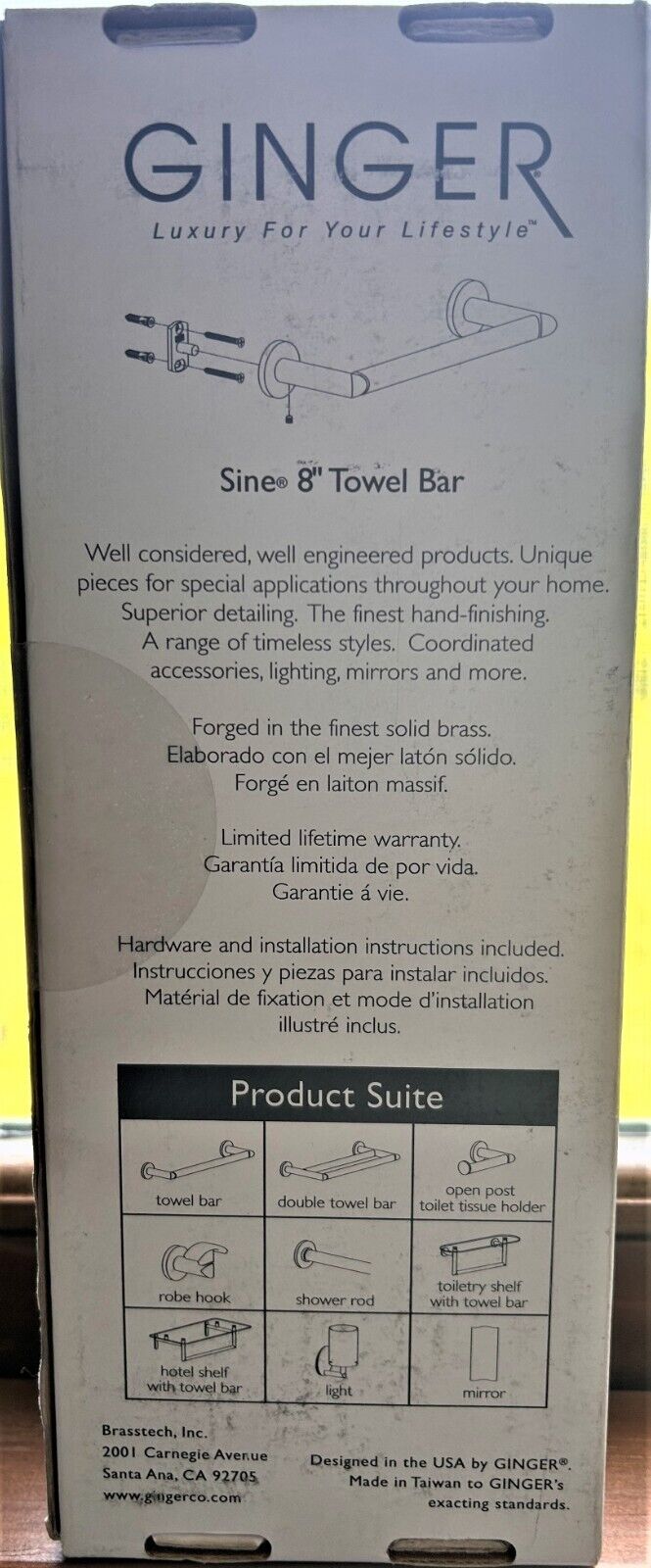 Ginger Sine Collection 8” Polished Chrome Single Towel Bar