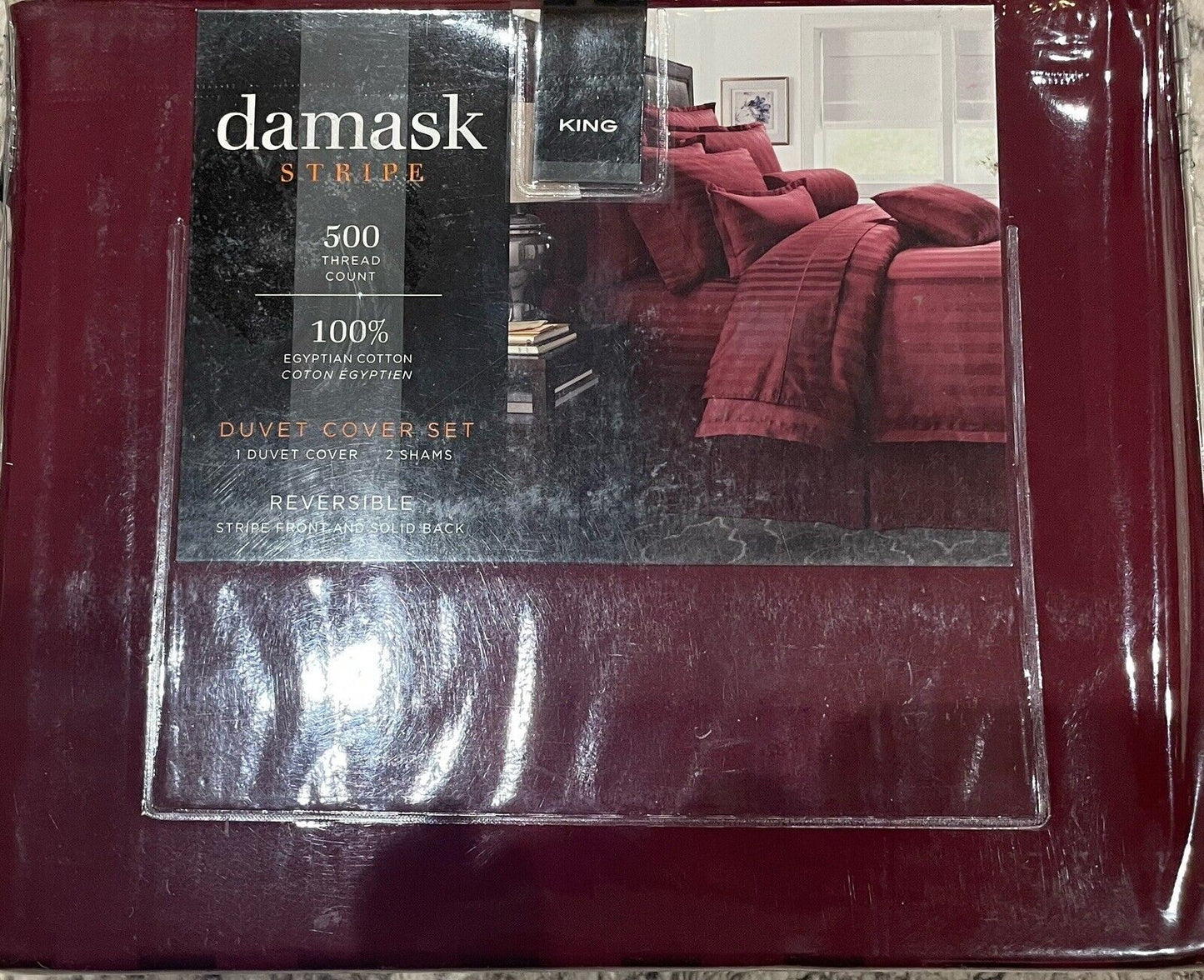 Damask Stripe King Duvet Cover Set Reversible - Burgundy