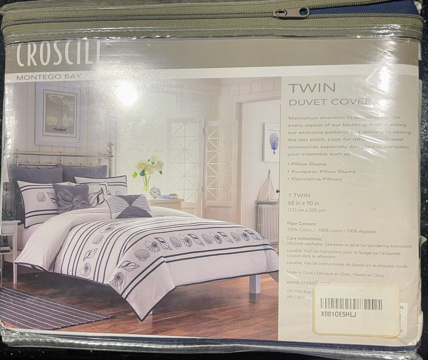 Croscill Twin Duvet Cover Montego Bay Embroidered Sea Shells White/Navy Blue