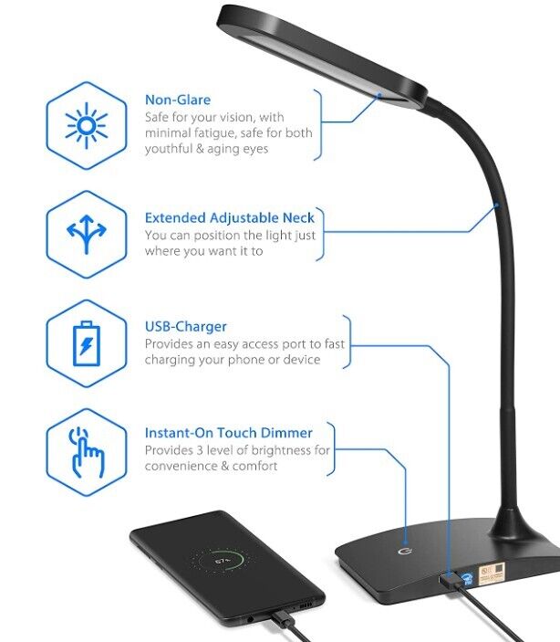 TW Lighting IVY LED Desk Lamp with USB Port, Black