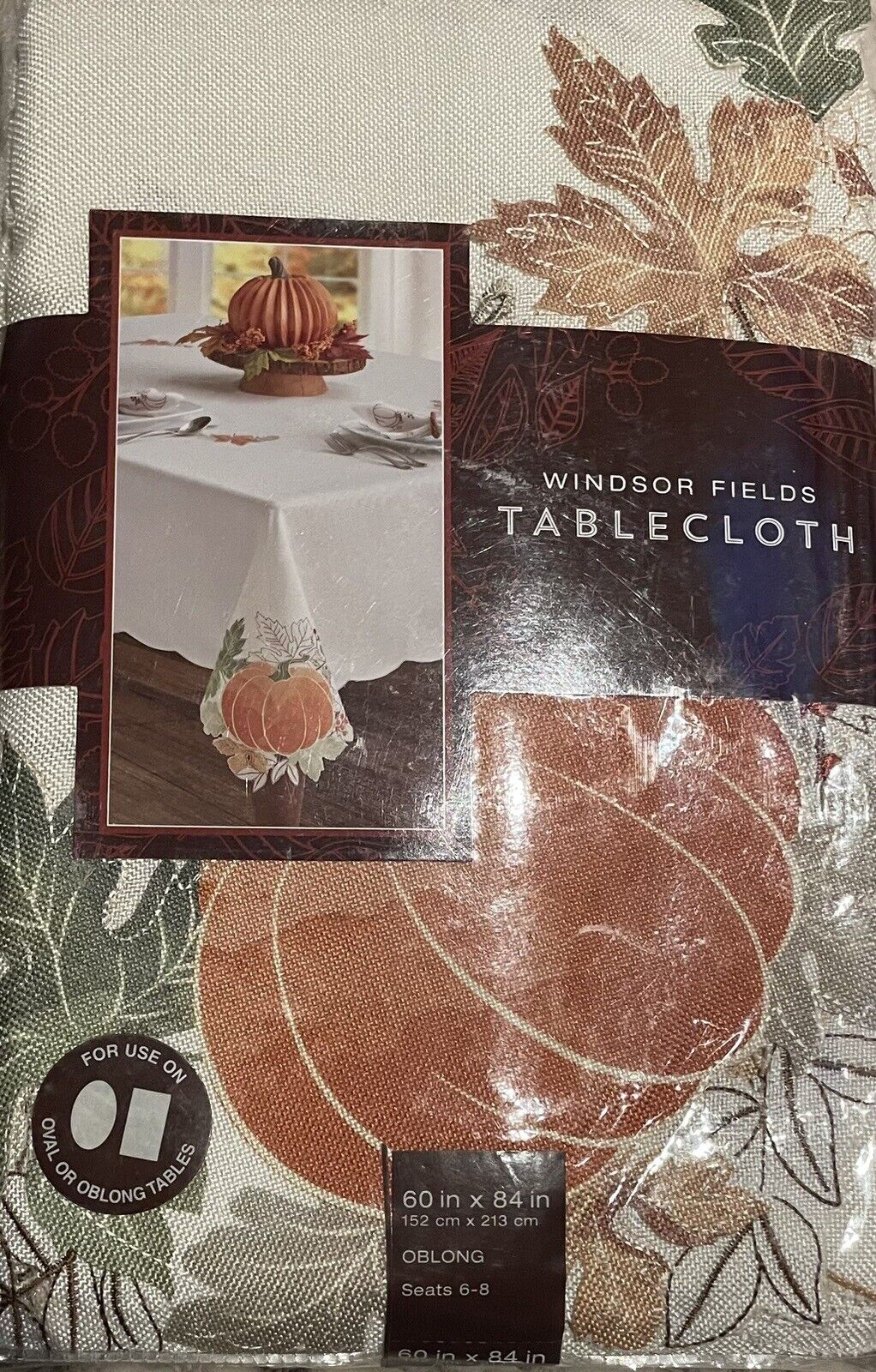 Windsor Fields Thanksgiving Pumpkins Harvest Cutwork Tablecloth Oblong 60in x 84in