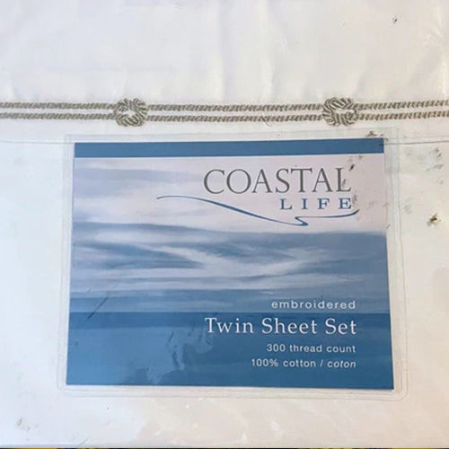 Coastal Life Embroidered Knots Twin Sheet Set - Taupe/White