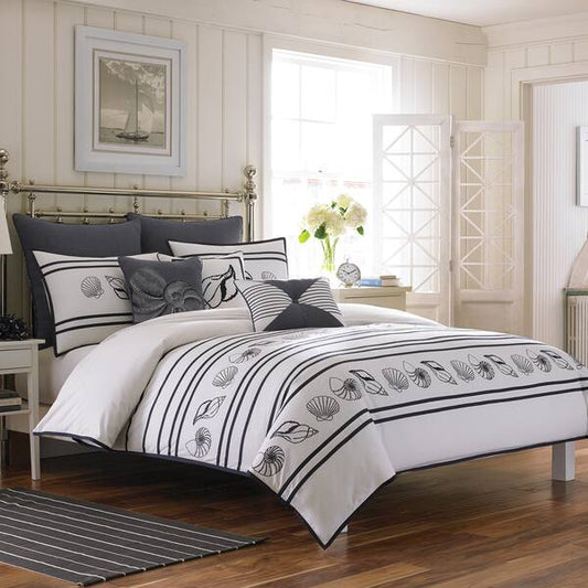 Croscill Twin Duvet Cover Montego Bay Embroidered Sea Shells White/Navy Blue