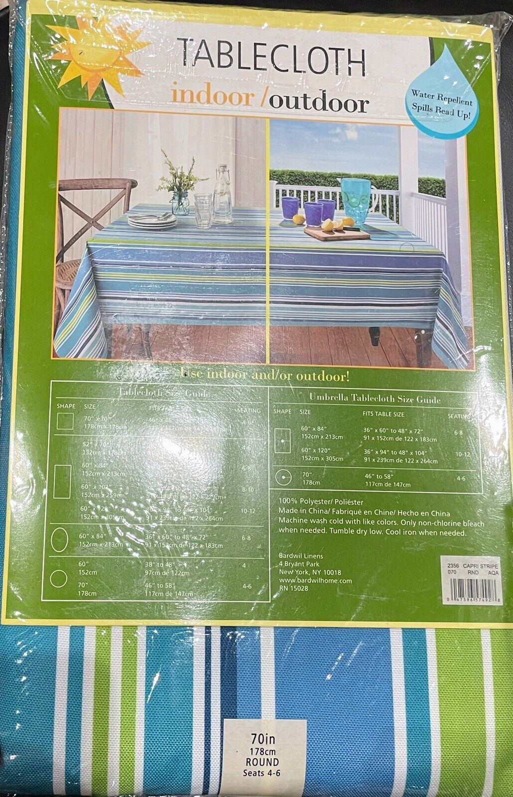 Bardwil Linens Tablecloth Indoor/Outdoor 70in Round - Capri Stripe Aqua
