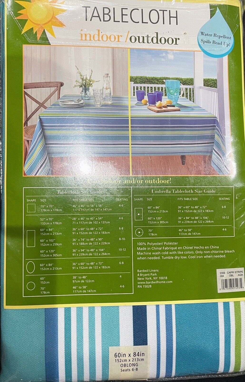 Bardwil Linens Tablecloth Indoor/Outdoor 60in x 84in - Capri Stripe Aqua