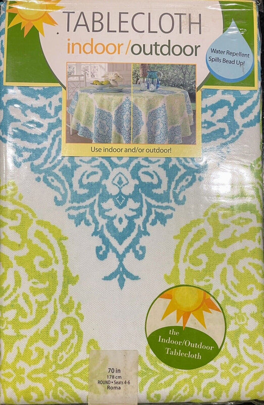 J. Queen New York Indoor/Outdoor Tablecloth 70in Round - Aqua/Green